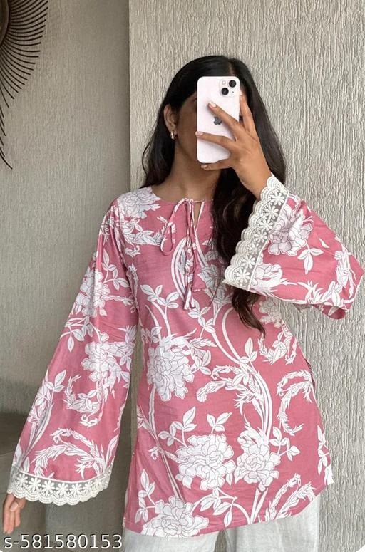 Pink & White Floral Printed A-Line Kurti with Bell Sleeves and Lace Detailing