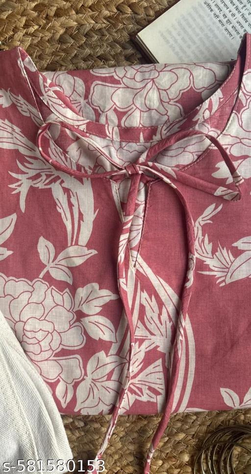 Pink & White Floral Printed A-Line Kurti with Bell Sleeves and Lace Detailing