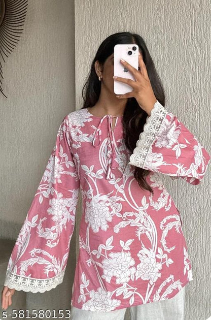 Pink & White Floral Printed A-Line Kurti with Bell Sleeves and Lace Detailing