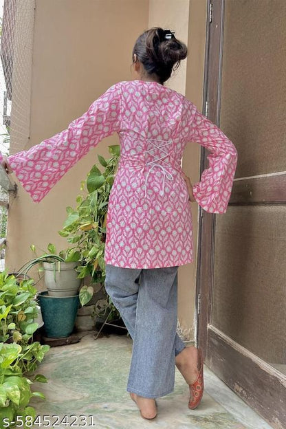 Pink Bell sleeves kurti, Kurti with sleeves, Full sleeves kurti