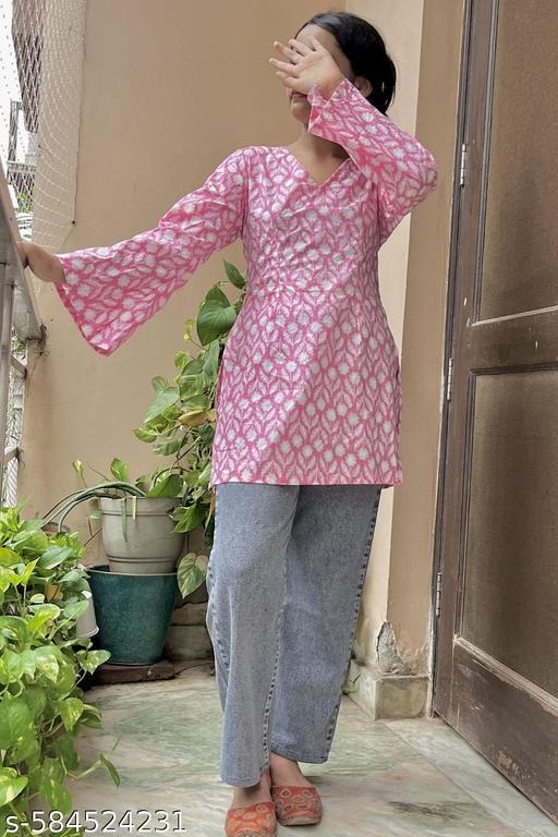 Pink Bell sleeves kurti, Kurti with sleeves, Full sleeves kurti